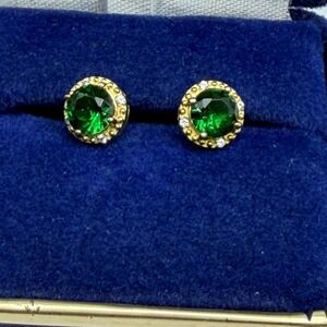 Vintage Sterling Silver Gold Vermeil Green White Halo CZ 8mm Stud Earrings